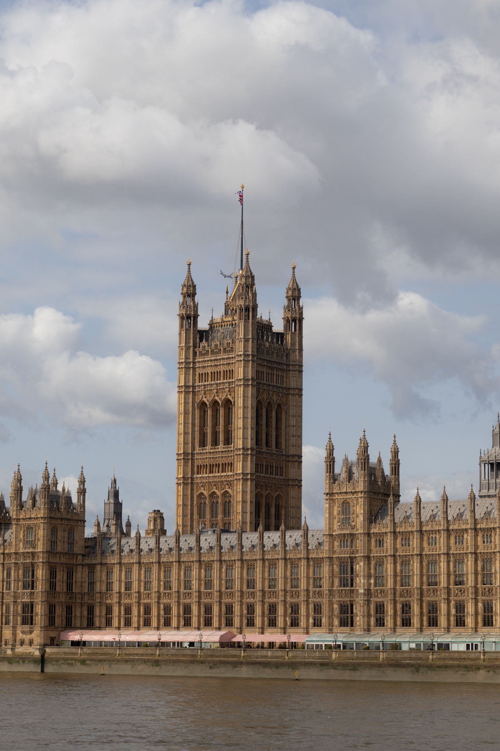 The Palace of Westminster beside the River Thames in London.